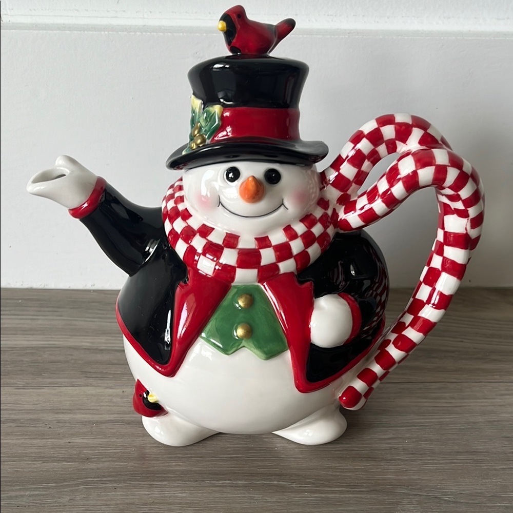 Fitz and Floyd Festive Snowman Teapot with Red and Black Accents